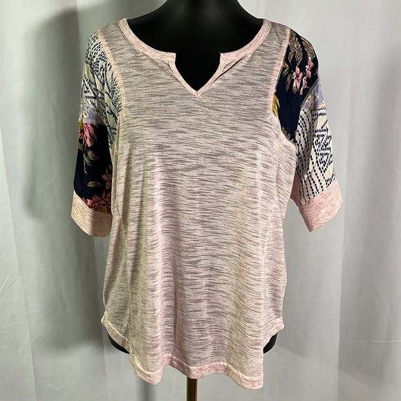 Kori Tops - Kori Pink Space Dyed Patchwork Split Neck Oversized Short Sleeve Top